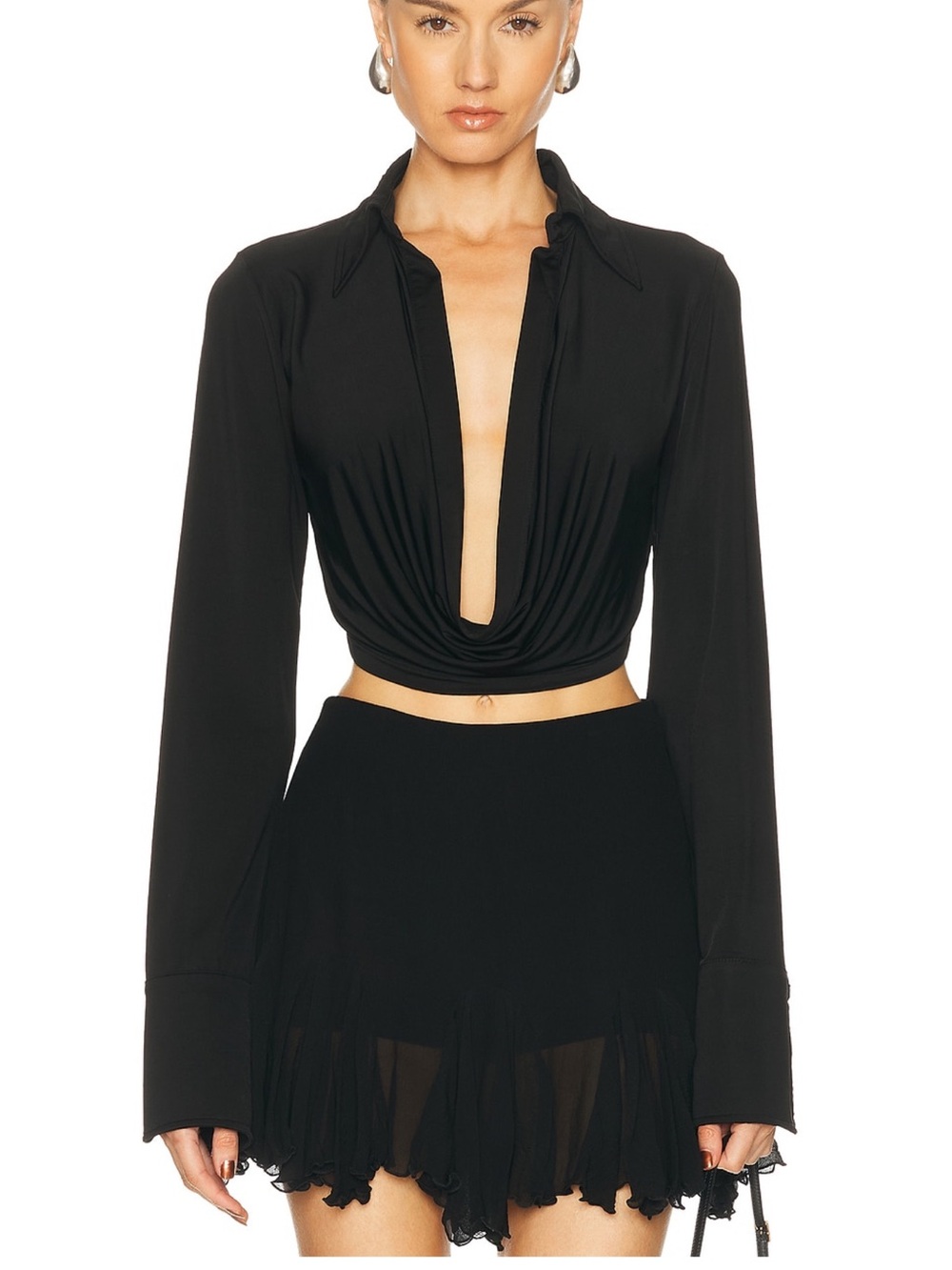 Aya Muse Black Draped Deep-V Crop Top with Collar